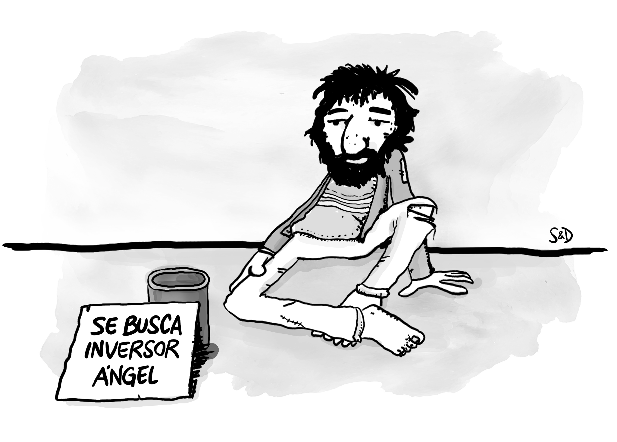 Dibujo original del Bichicome, sentado en la vereda junto a una lata y el cartel SE BUSCA INVERSOR ÁNGEL
